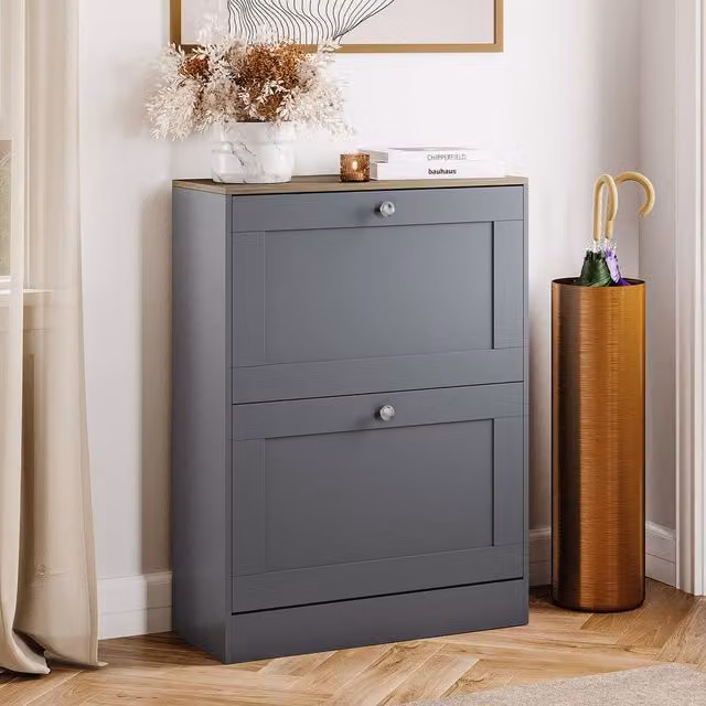 HD Designs Modern Grey 2 Drawer Flip Down Shoe Cabinet with Internal Shelves and Metal Details – 1