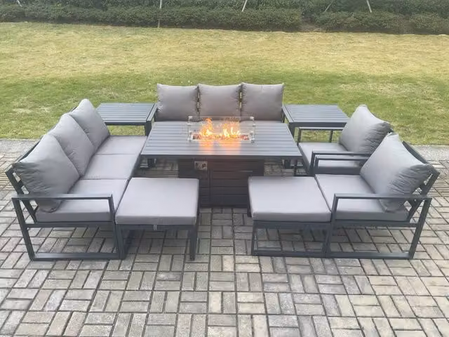 Fimous Aluminium Outdoor Garden Furniture Set with Gas Fire Pit Dining Table, 2 Side Tables and 2 Footstools in Anthracite Grey