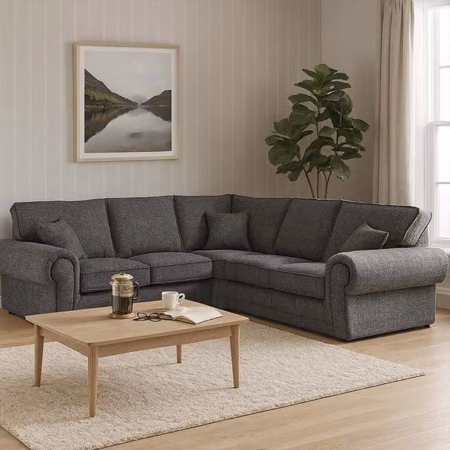 Furnishings For Less UK Wilcot Grey Fabric 5 Seater L-Shaped Corner Sofa with High Back and Scatter Cushions