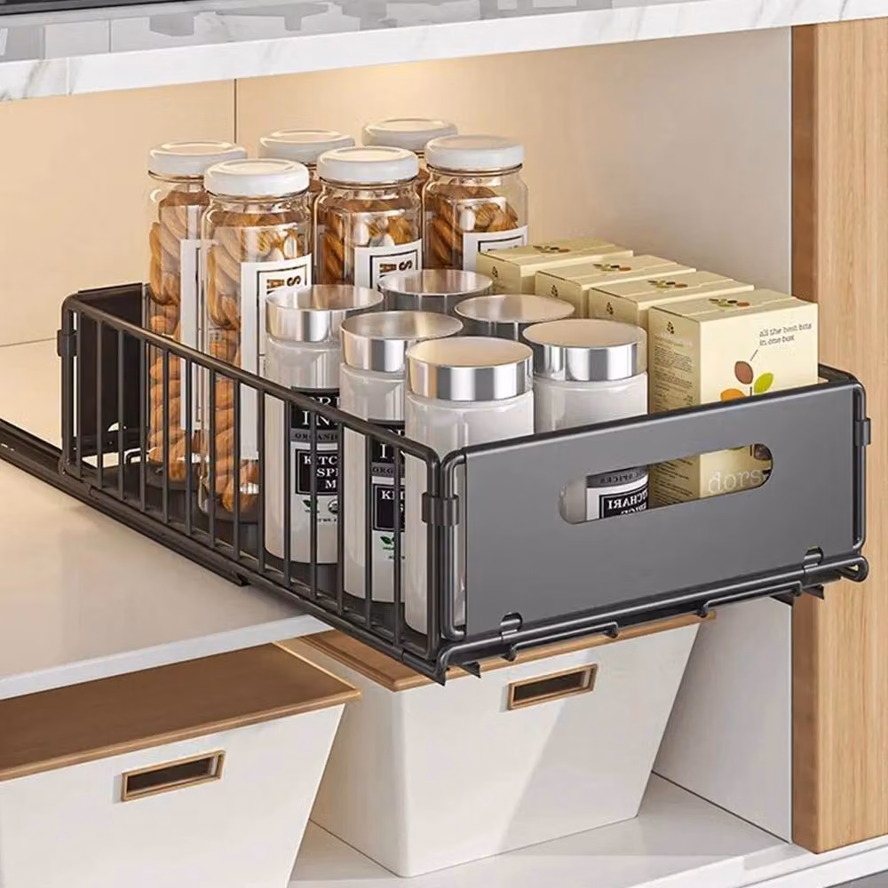 Havendro 2-Piece Matt Black Metal Extendable Slide-Out Kitchen and Bathroom Cabinet Storage Drawers – 3