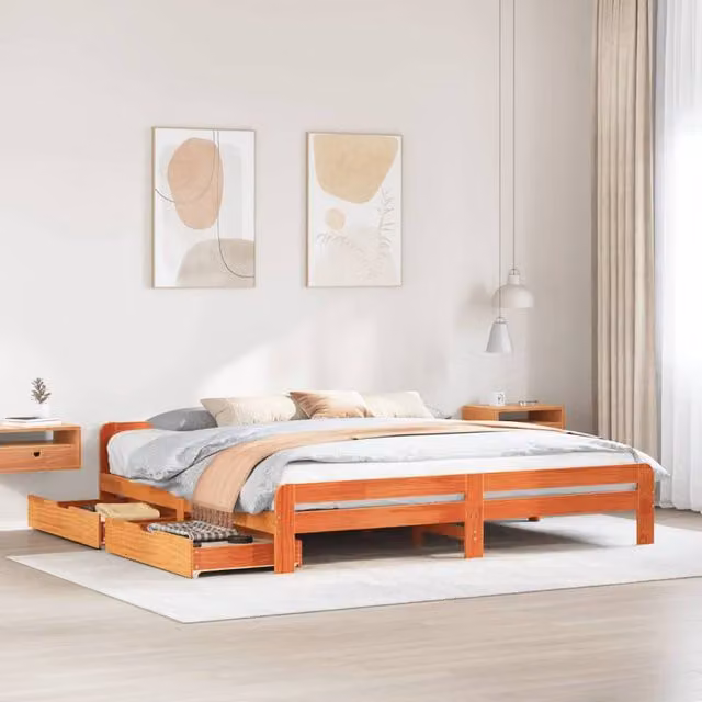 Berkfield Home Rustic Solid Pine Bed Frame in Waxed Brown, 200 x 200 cm – 1
