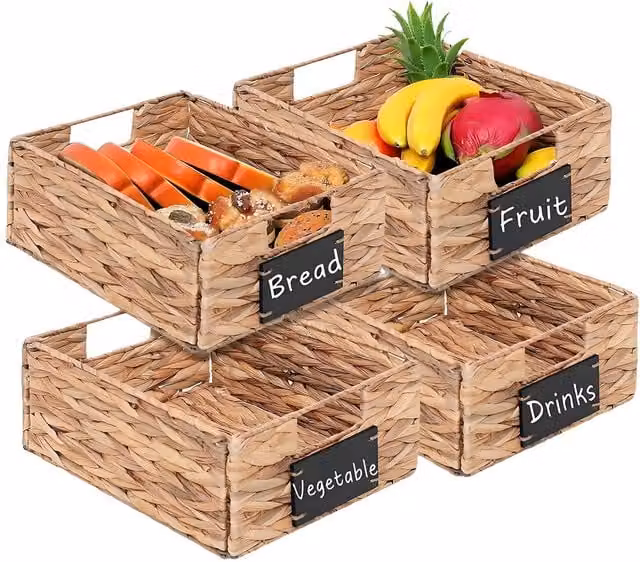 Gr8 Home Set of 4 Water Hyacinth Pantry Storage Baskets with Chalkboard Handles in Beige and Brown, W/D/H: 30.0 x 23.0 x 13.0 cm