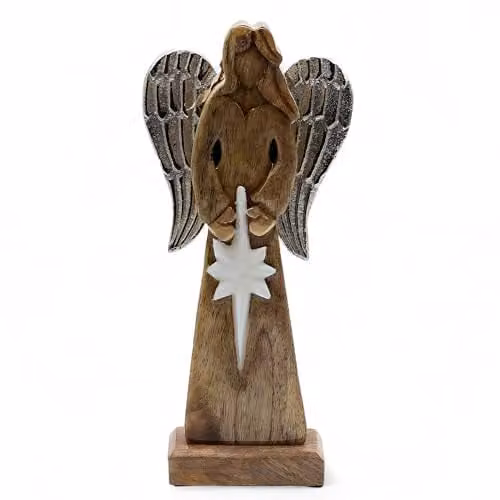 Buddha-Buddha Handcrafted Mango Wood Peace Angel Figurine with Metal Wings in Brown and Silver, W/D/H: 14 x 1 x 30 cm