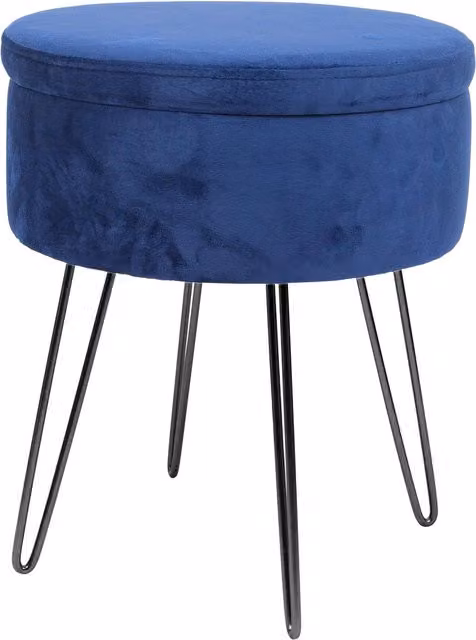 Harbour Housewares Round Velvet Storage Footstool in Blue with Black Legs, H45 x D36 cm – 1