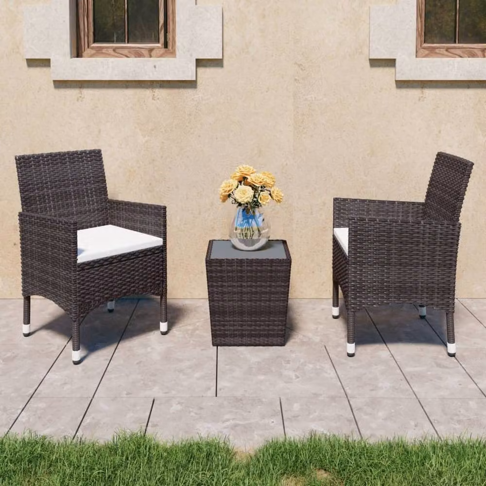 Berkfield Home 3 Piece Brown Poly Rattan and Tempered Glass Garden Bistro Set – 2