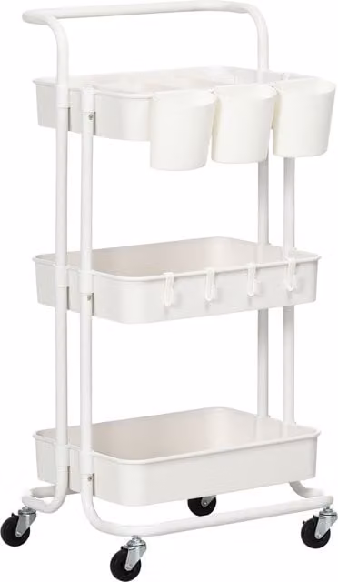 HOMCOM Three-Tier Home Trolley with Handle and Wheels in White