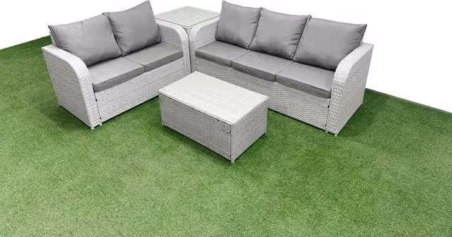 Fimous 5 Seater Grey PE Rattan Wicker Garden Furniture Set with 3 Seater Sofa, Love Seat, Coffee Table and Side Table