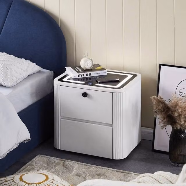 FORGEVIO Modern White LED Nightstand with Wireless Charging and Integrated Lighting, W/D/H: 40 x 40 x 40 cm
