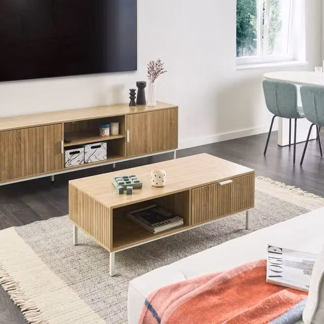 Wyld and Coco Scandinavian Style TV Stand in Light Brown Wood and Metal for TVs up to 54 Inch – 1