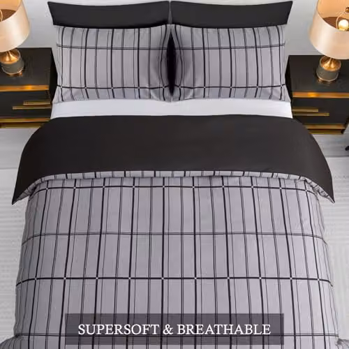 Pamposh Super King Duvet Set, Grey Checked Reversible Brushed Microfibre Bedding, 3-Piece Set with Duvet Cover 200 x 200 cm and Pillowcases 50 x 75 cm – 4