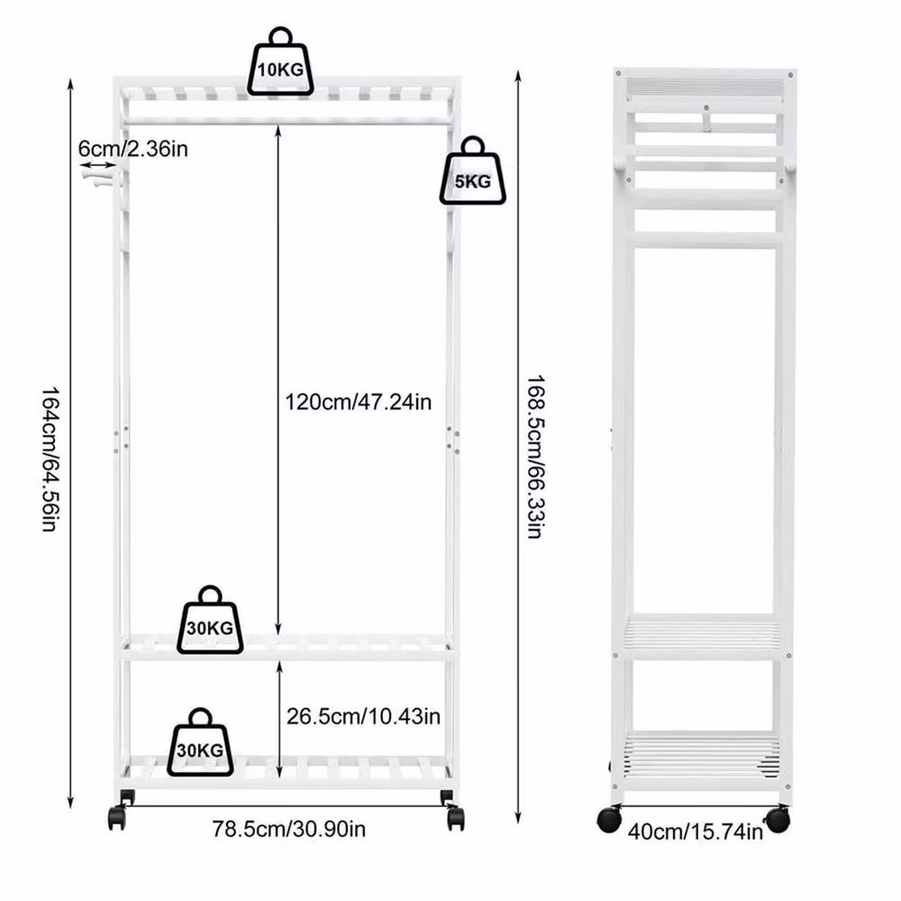Kelvenix Minimalist Bamboo Rolling Clothes Stand and Hanging Garment Rail in White – 2