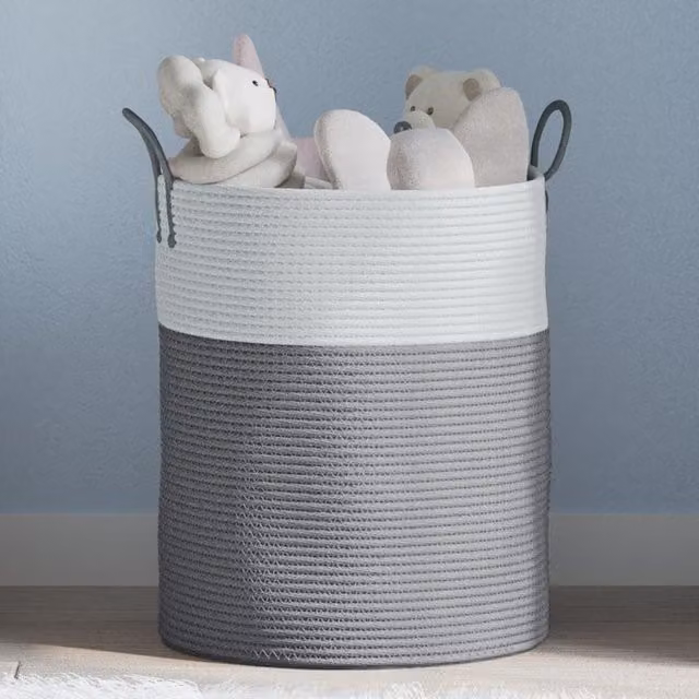 Berkfield Grey and White Open Weave Cotton Storage Basket with Handles, W: 38 cm, H: 46 cm – 1