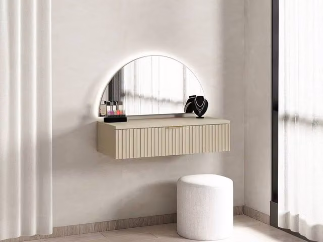 Vente-unique Wall-Mounted Dressing Table with LED Mirror and 1 Drawer in Beige – 1