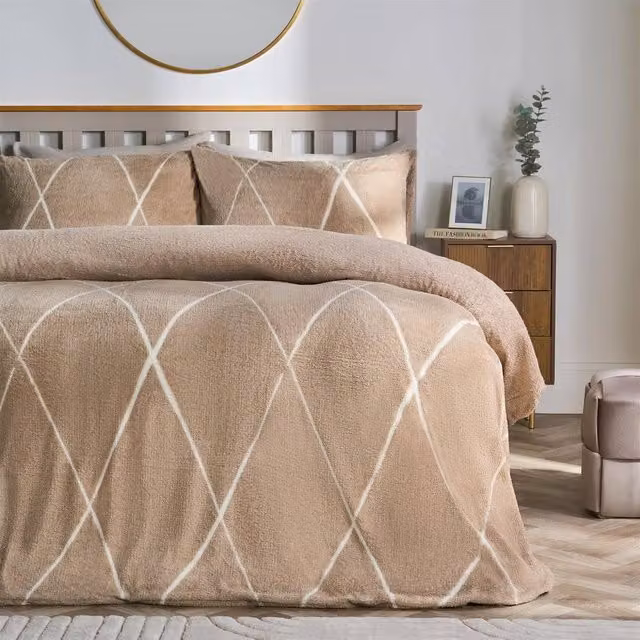 OHS Diamond Check Teddy Fleece Bedding Set in Beige, W/D/H: 180 x 200 cm