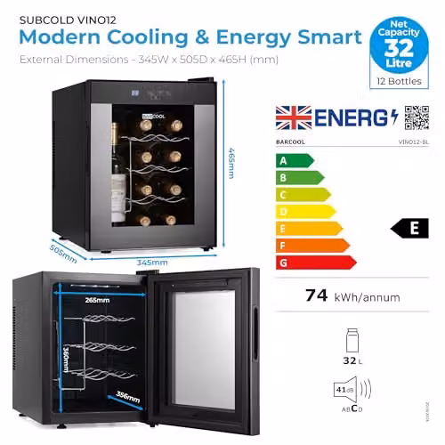 Subcold Barcool VINO12 Countertop Wine Cooler, Black, with Glass Door and LED Interior Light, W/D/H: 41.0 x 34.5 x 50.5 cm – 10