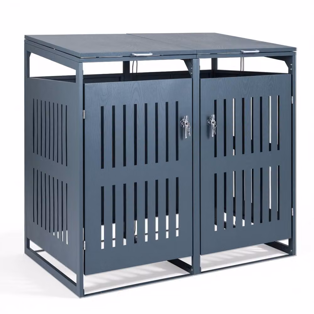 Costway Metal Outdoor Bin Store Storage Shed for 2 Bins in Grey, W/D/H: 132.0 x 80.0 x 115.5 cm – 5