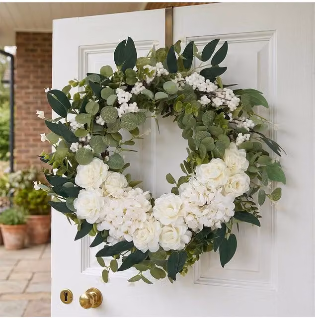 Living and Home Round Artificial Rose and Leaf Floral Wreath in White and Green