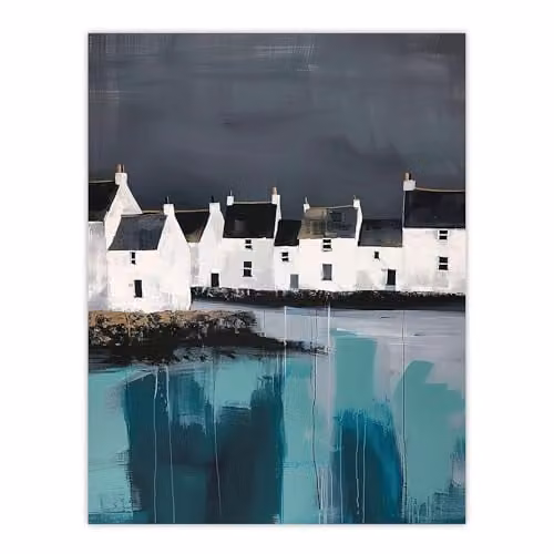 Artery8 Scottish Coastal Village Oil Painting Poster Print in Grey and Multicolour, W: 46.0 cm, H: 61.0 cm