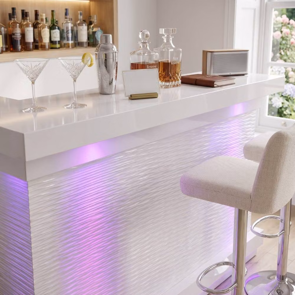 Home Luxe Aura White Glossy Drinks Bar with LED Lights and Bluetooth Speakers – 5
