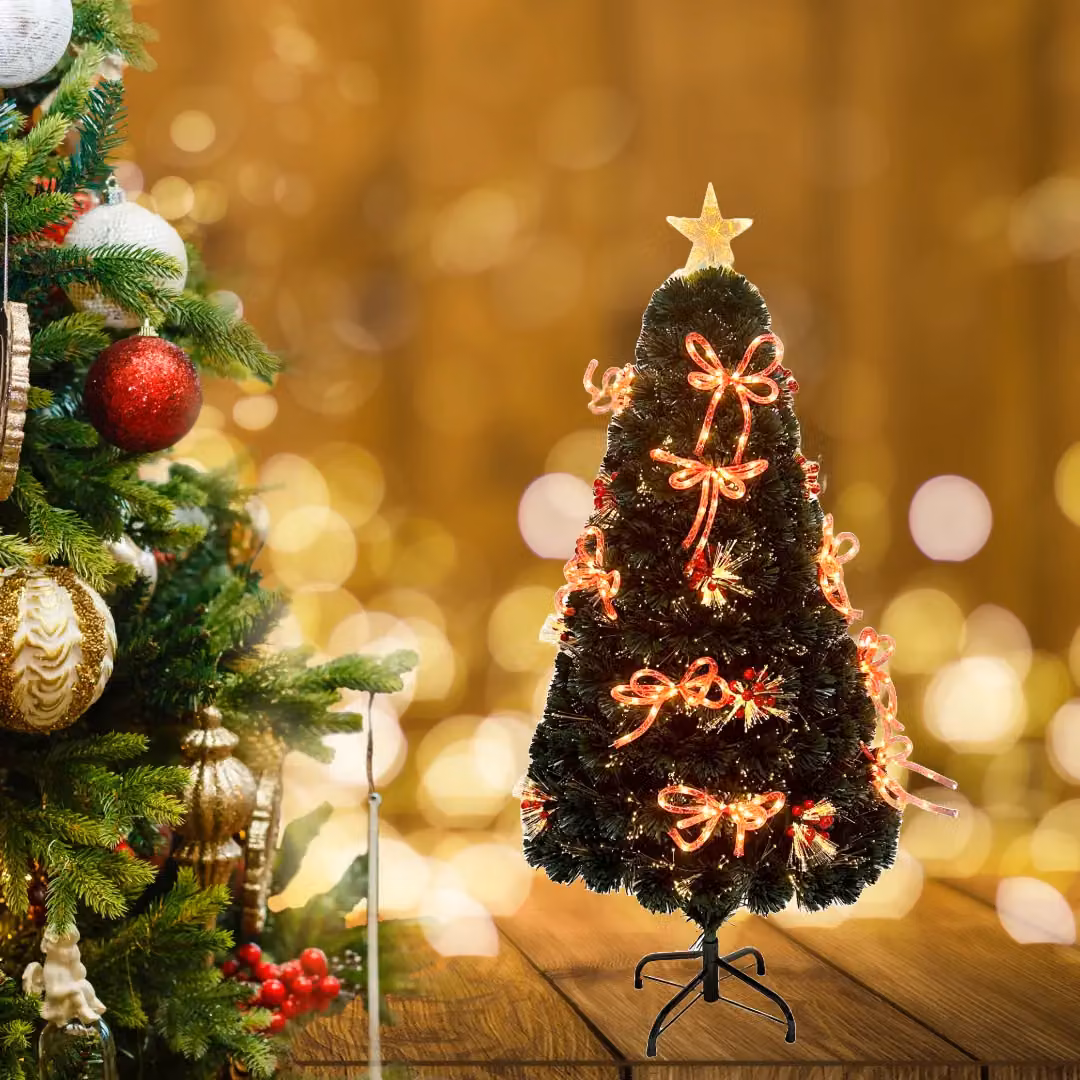 Shatchi Green Fibre Optic Christmas Star Tree Topper with Ribbon Bows, Height: 60.96 cm – 2