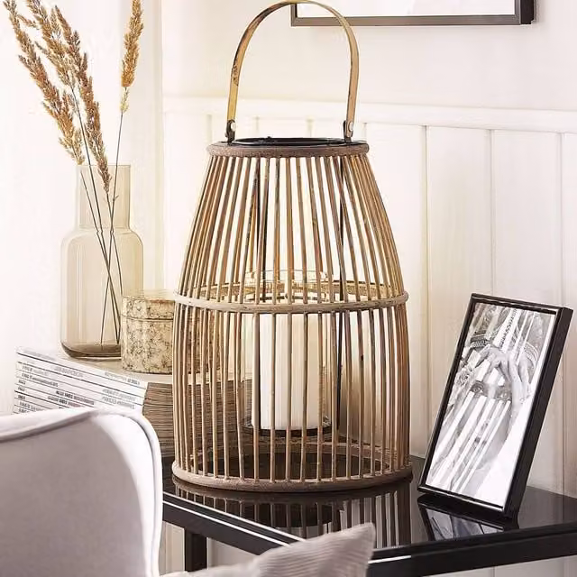 Wyld and Coco Beige Bamboo and Glass Candle Holder Lantern, Height: 32 cm – 1