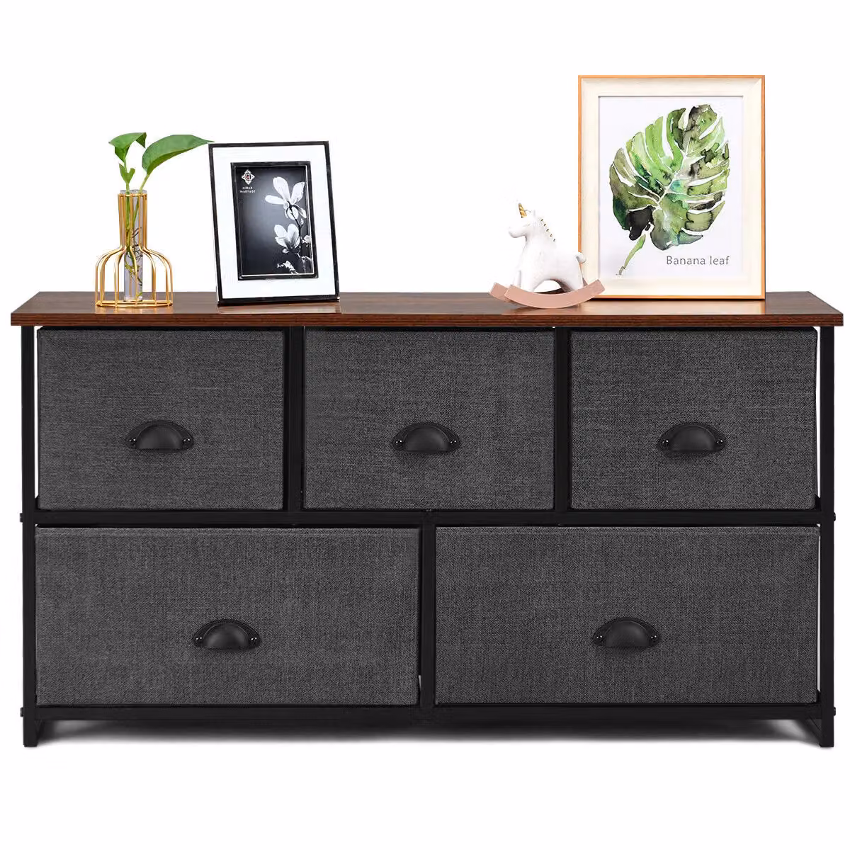 Gymax 2-Tier Chest of Drawers with 5 Fabric Baskets in Black and Grey – 4