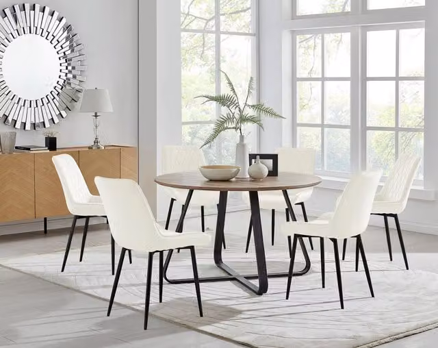 FurnitureboxUK Santorini Brown Round Dining Table and 6 Pesaro Cream Chairs with Black Legs, Diameter: 120 cm, Height: 75 cm – 1