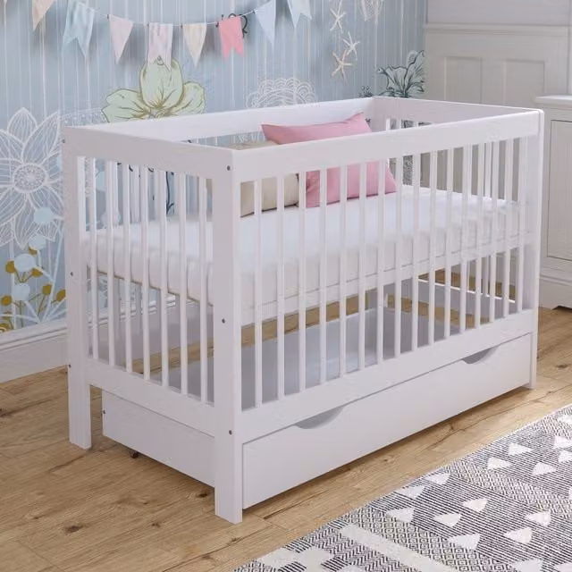 Love For Sleep Luca Cot Bed with Drawer in White Solid Pine Wood, W/D/H: 120 x 60 x 60 cm