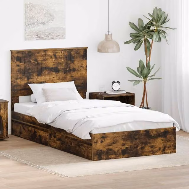 Berkfield Home Modern Storage Bed with Drawer in Smoked Oak Brown, W/D/H: 100 x 200 cm