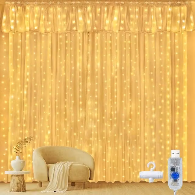 Ollny 300 LED Waterproof USB Curtain String Lights in Warm White, 3 x 3 m