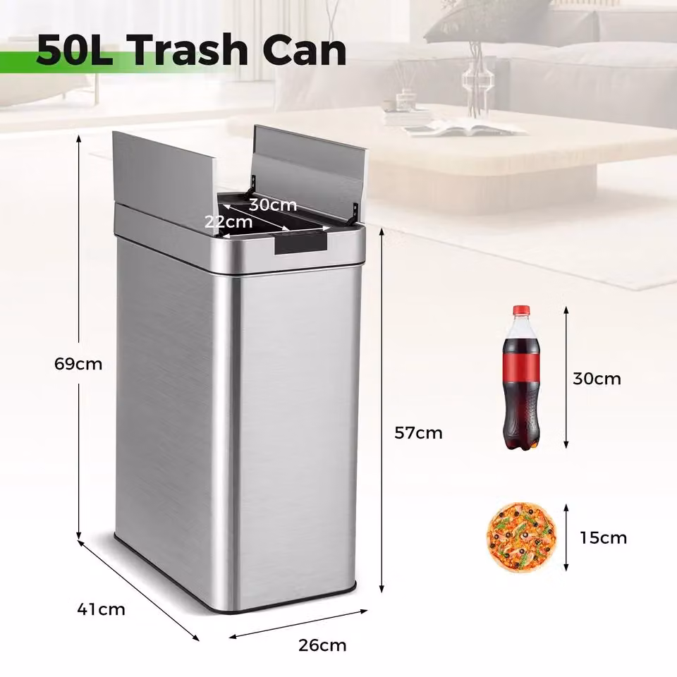Costway Slim Automatic Sensor Kitchen Trash Can with Wing Lids, 50L, Silver Stainless Steel – 2