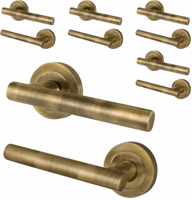 AFIT Antique Brass T-Bar Internal Lever Door Handles with Round Rose in Gold, 5 Pairs – 1