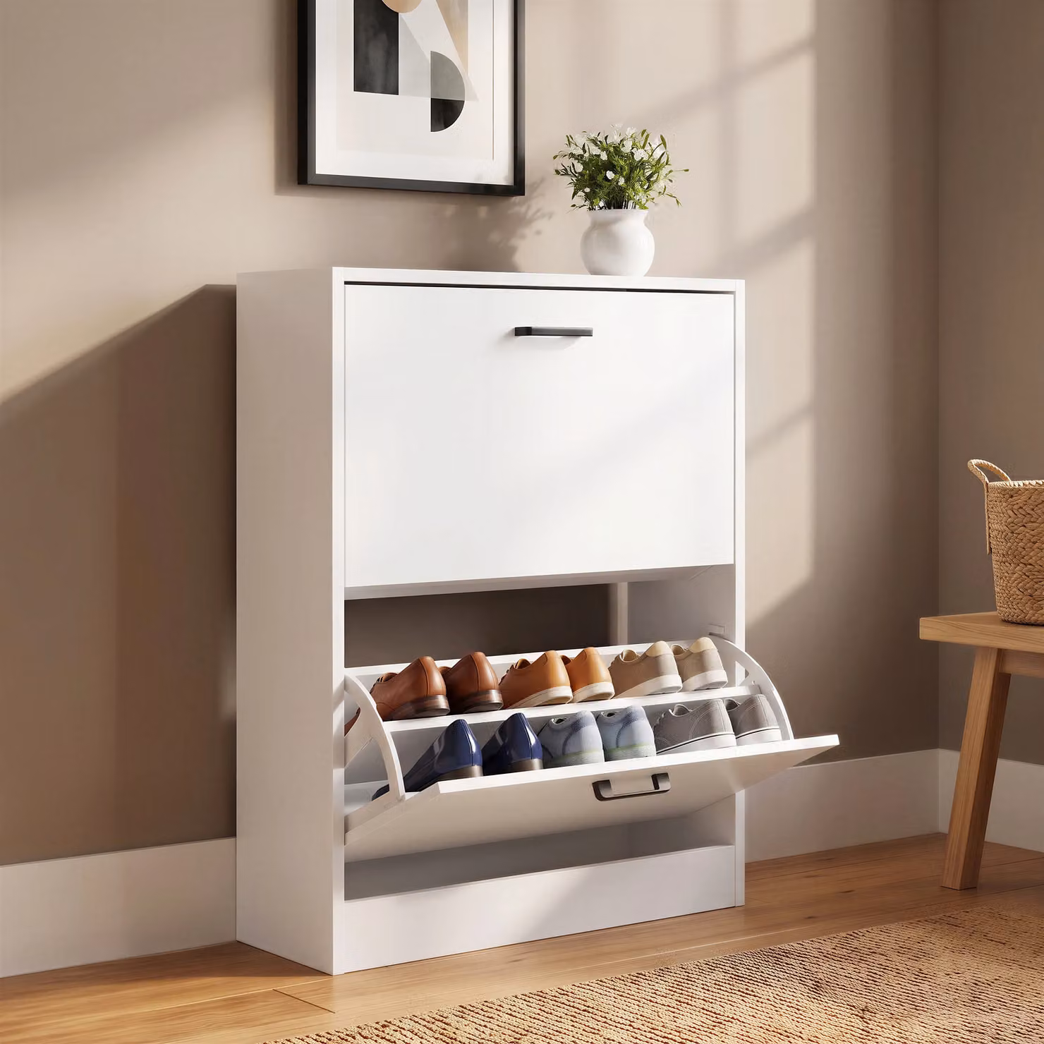 Modern White Slim Shoe Storage Cabinet with Tilting Compartments and Ventilation for your Hallway