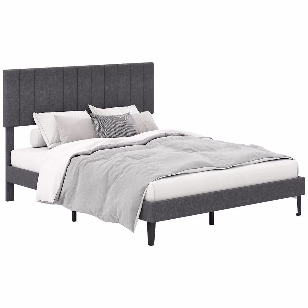 Costway King Size Upholstered Linen Fabric Platform Bed Frame with Headboard in Grey, W/D/H: 180 x 200 cm – 3