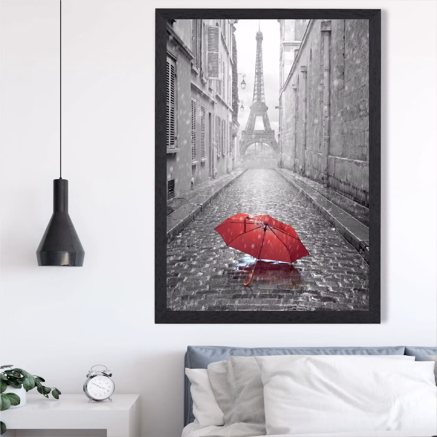 ARTZE Red Umbrella in Paris with Eiffel Tower Framed Photograph Print, Black Frame, A3 – 2