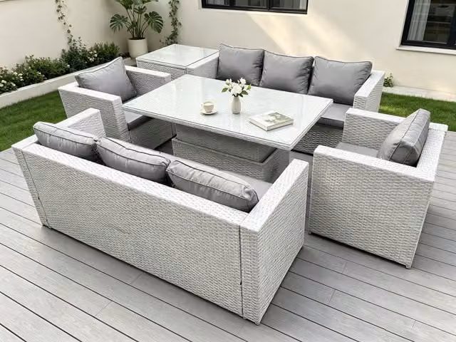 Fimous Rattan Garden Furniture Set in Grey with Height Adjustable Dining Table, 3-Seater Sofa, Armchairs and Coffee Table – 1