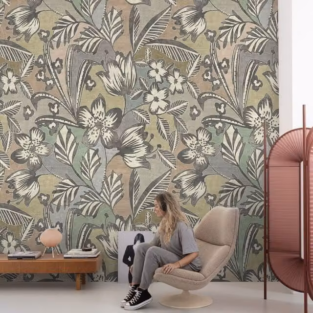 Grandeco Floral Botanical Art Nouveau Washable Vinyl Mural in White and Black