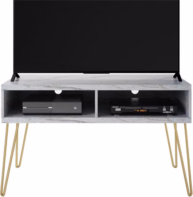 Novogratz Athena Modern White Marble Look TV Stand in White and Black