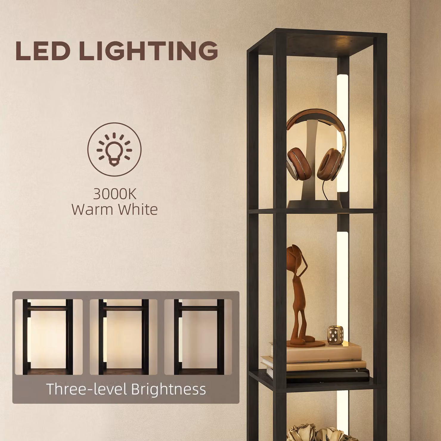 HOMCOM LED Floor Lamp with Shelves and Fabric Drawer in Black, H 169 x W 43.5 x D 26.5 cm – 3