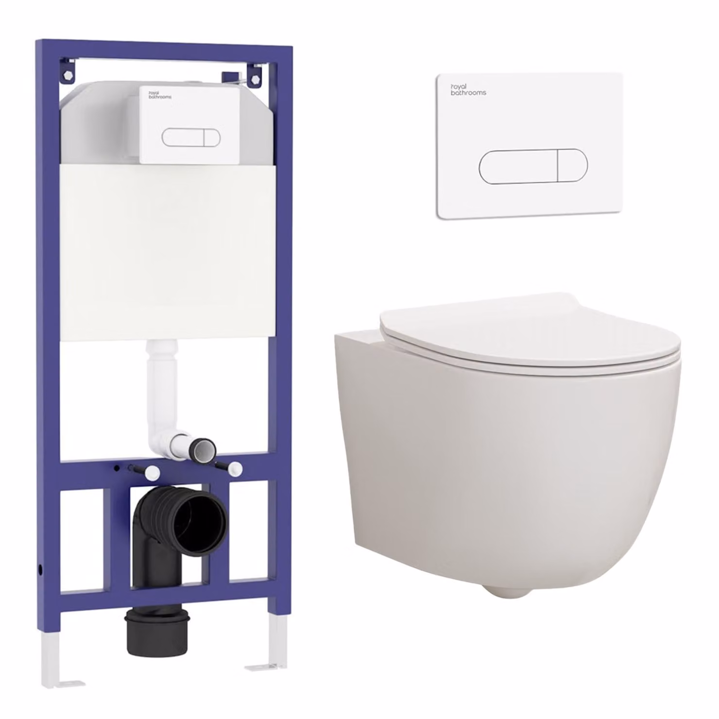 Royal Bathrooms Elva Wall Hung Rimless Ceramic Toilet with Slim Soft Close Seat in White and Aqua White Plate Wall Hung Frame