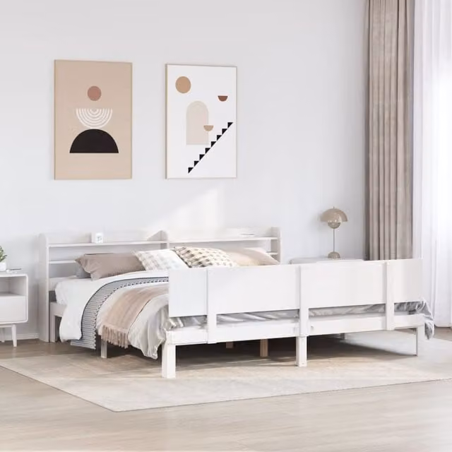Berkfield Home Super King Bed Frame with Headboard and Side Compartments in White Pine Wood, W/D/H: 180 x 200 cm