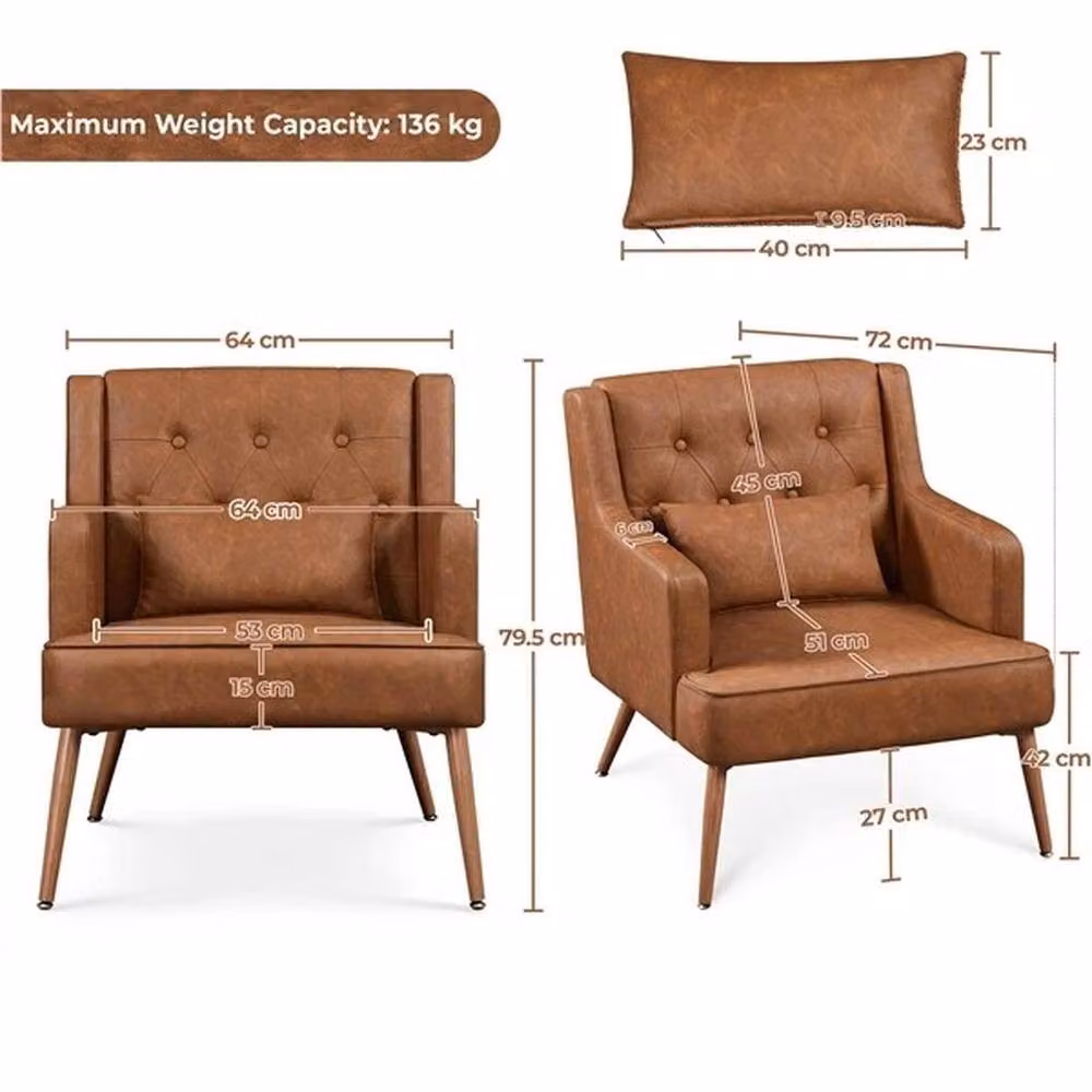 KORVIXA Brown Retro Tub Accent Chair with Armrests in Synthetic Leather and Bouclé, W/D/H: 64 x 72 x 79.5 cm – 2