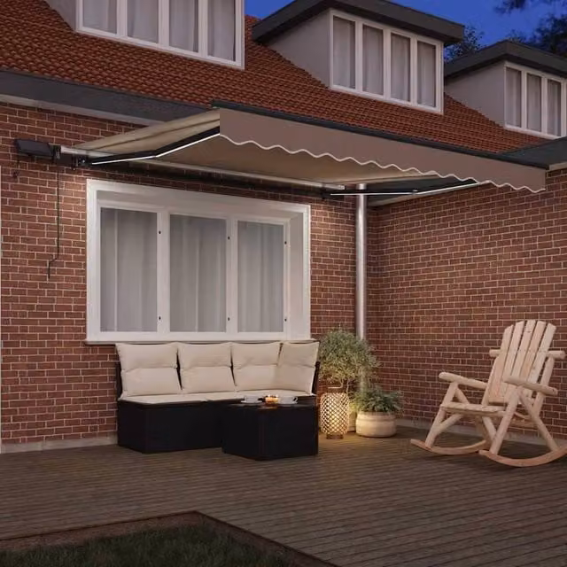 Berkfield Home Manual Retractable Folding Arm Awning with LED in Beige, W: 350 cm, D: 250 cm – 1