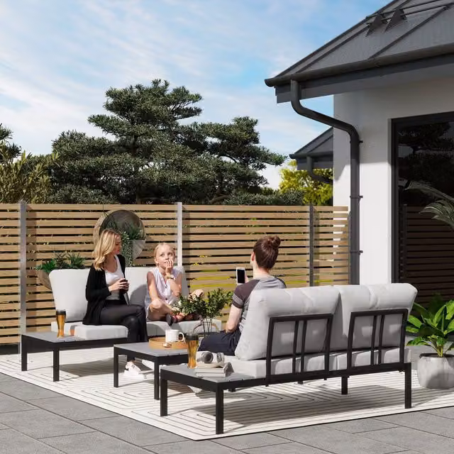 Outsunny Modern Grey Metal Corner Garden Furniture Set with 2 Loveseats