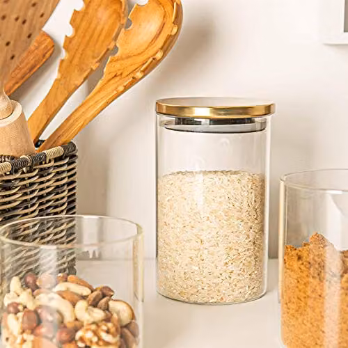 Argon Tableware Scandi Airtight Glass Storage Jars with Gold Metal Lids, 1 Litre, 3 Pack – 2