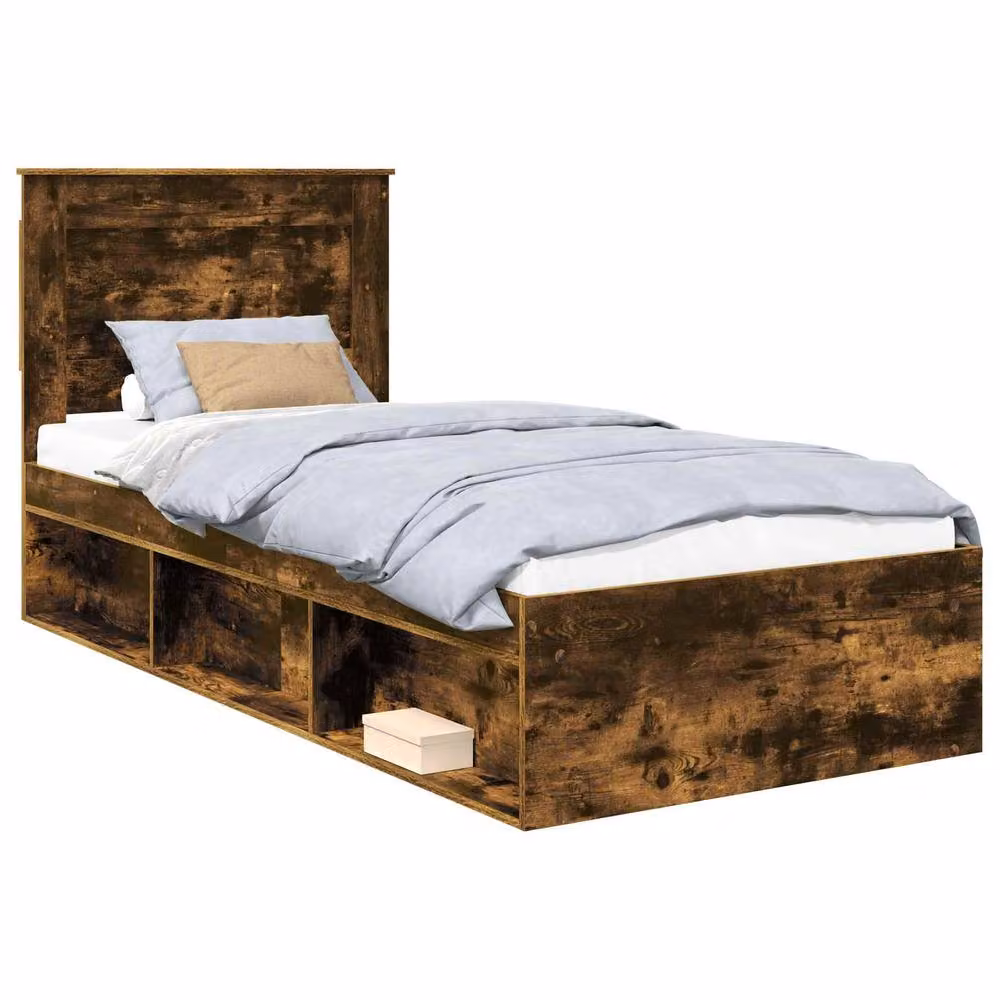 Berkfield Home Modern Bed Frame with Headboard in Smoked Oak and Brown Solid Pine Wood, W/D/H: 90 x 200 cm – 2