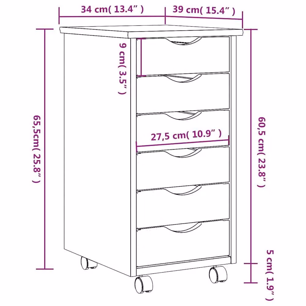 Berkfield Home MOSS Rolling Cabinet with Drawers in Dark Grey Solid Pine Wood, W: 39.0 cm, D: 34.0 cm, H: 65.5 cm – 3