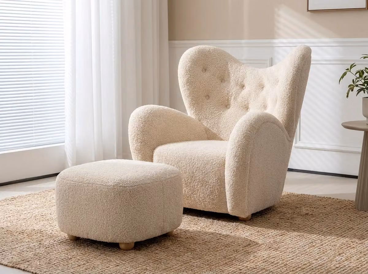 Araco Atelier Teddy Armchair in Beige Bouclé with Integrated Ottoman