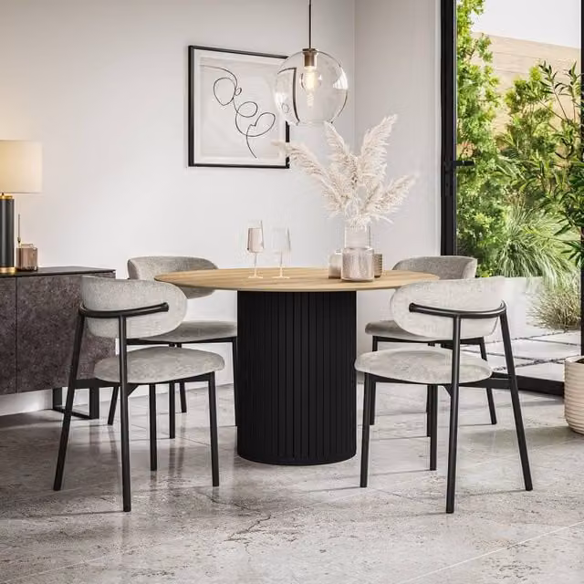 More4Homes Arlo Oak Round Dining Table with Black Legs and 6 Myla Grey Linen Dining Chairs Set, W: 120 cm, H: 75 cm – 1