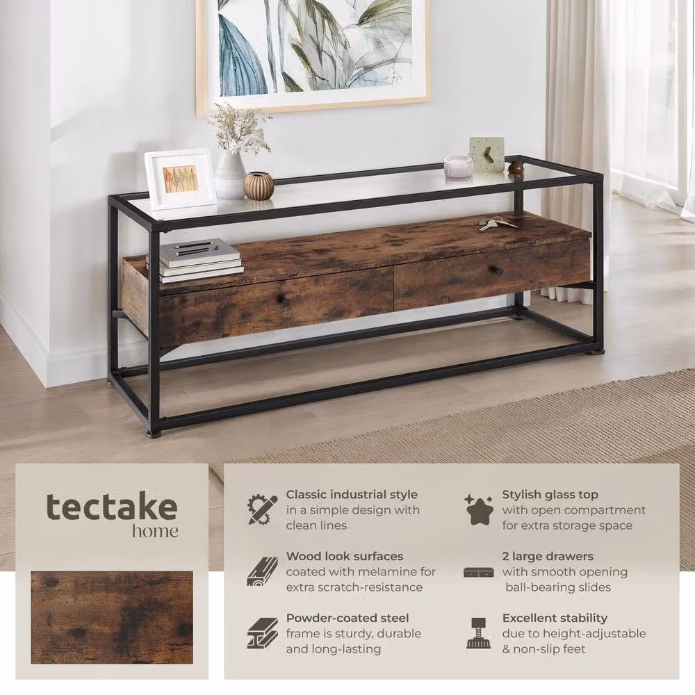 tectake Maidenhead Sideboard in Brown with Safety Glass Tabletop and 2 Large Drawers – 2